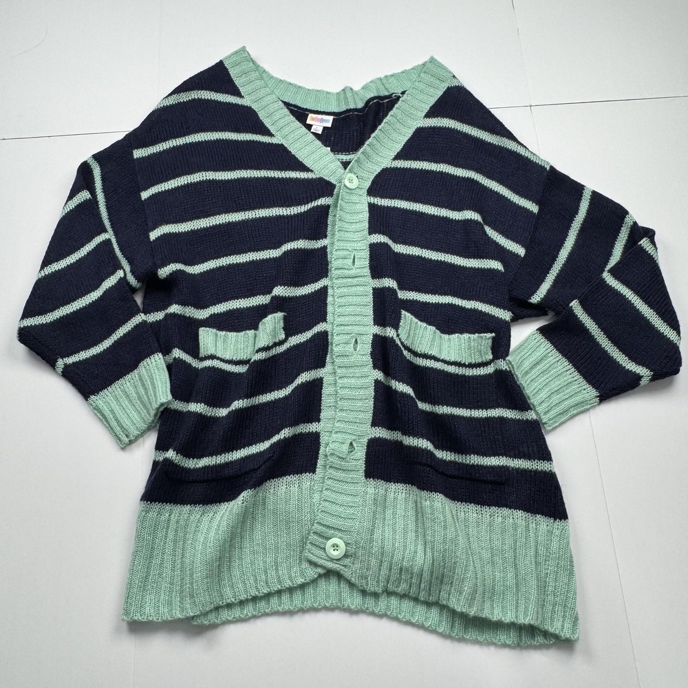 Lularoe Sweater Womens Large Blue Green Striped Knit Cardigan Soft Pockets